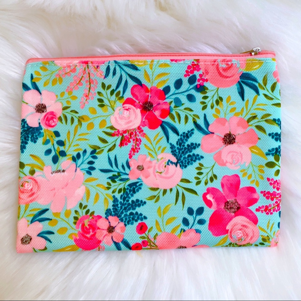 Makeup bag pink green floral cosmetic zipper case 🌸